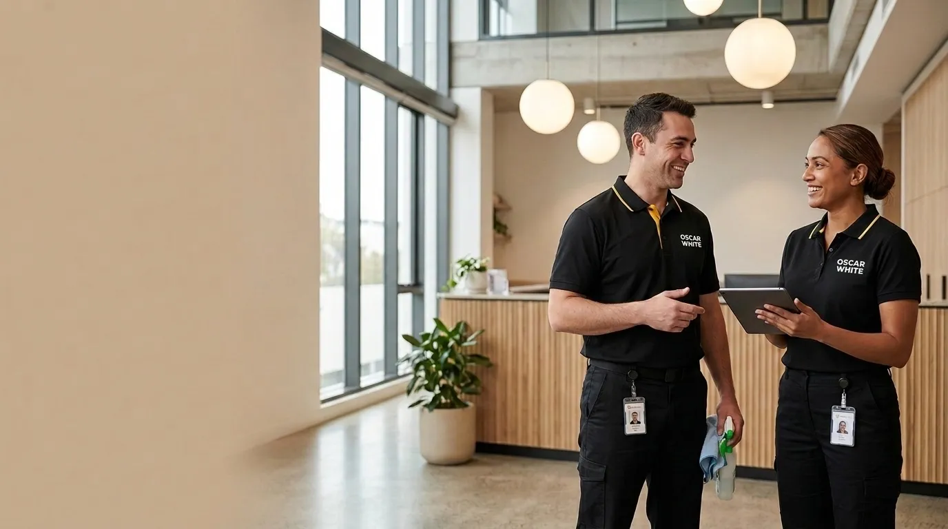 Two Oscar White cleaning professionals in a bright Melbourne office reception