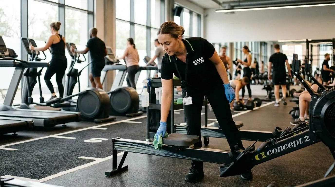 Oscar White cleaner detailing equipment in a fitness studio