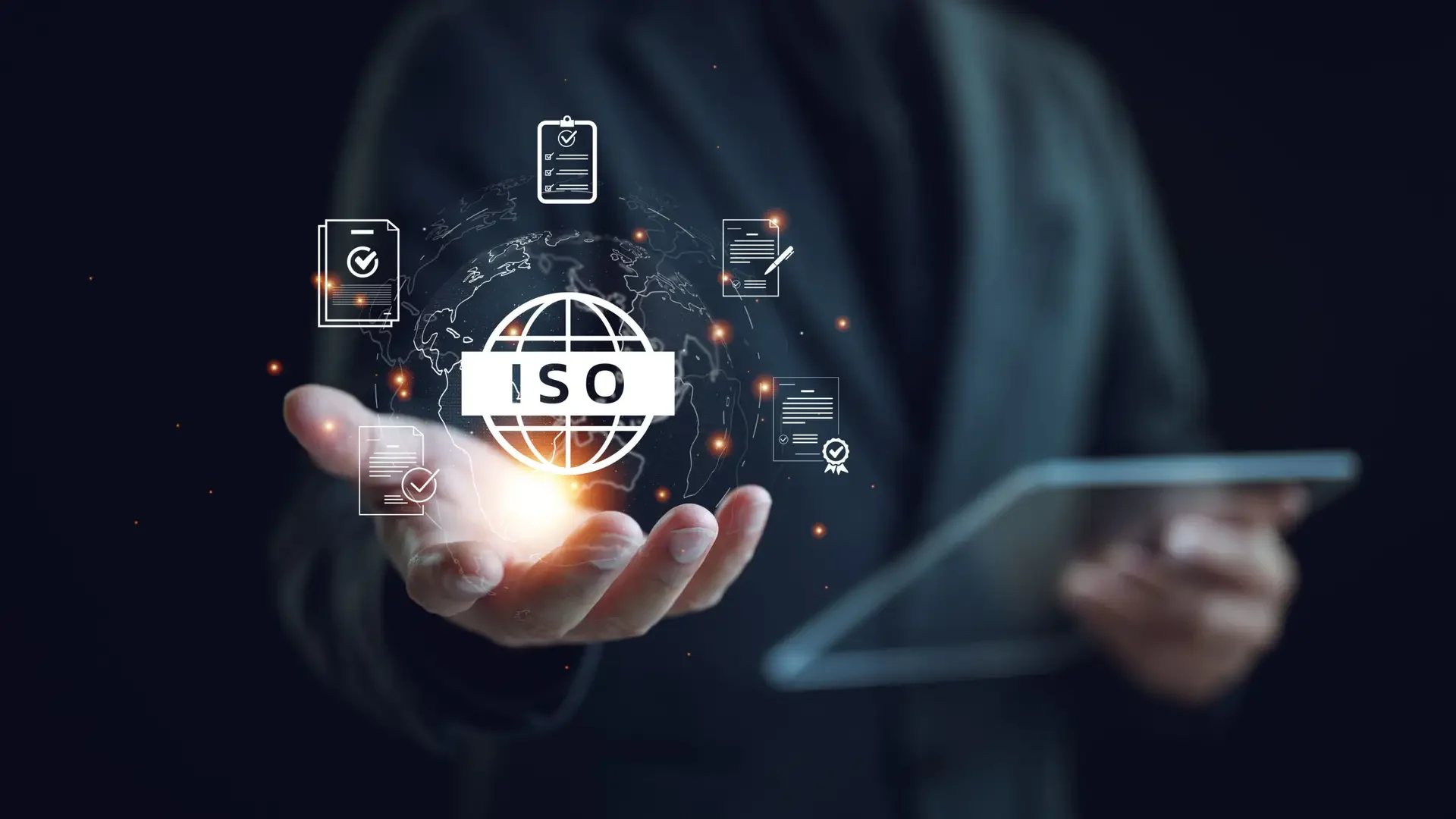 ISO standards quality control, Certification and standardization process, iso certified business, conformity to international standards and quality assurance concept. Person show certificate icon